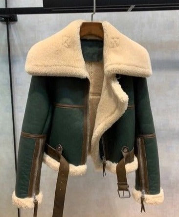 Green Motorcycle Sheepskin Coat